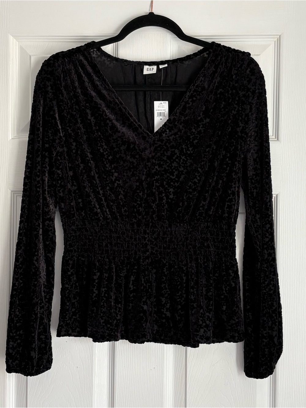 GAP Black Velvet V-Neck Smocked-Waist Blouse, NWT